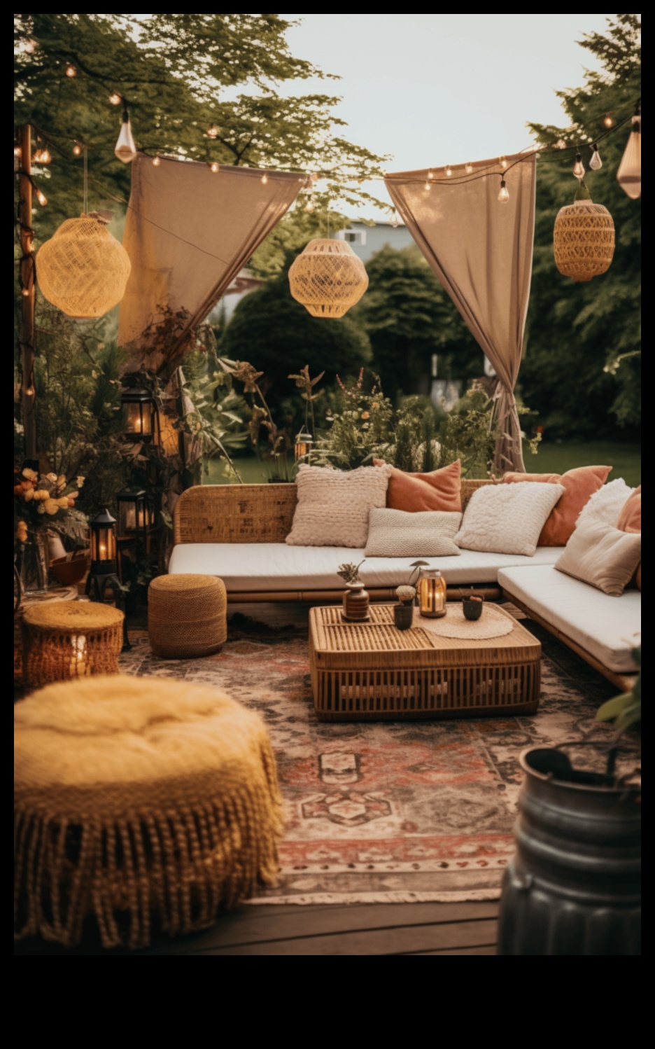 Există sfaturi pentru decorarea unei zone de lounge în aer liber cu idei de decor Boho Chic?