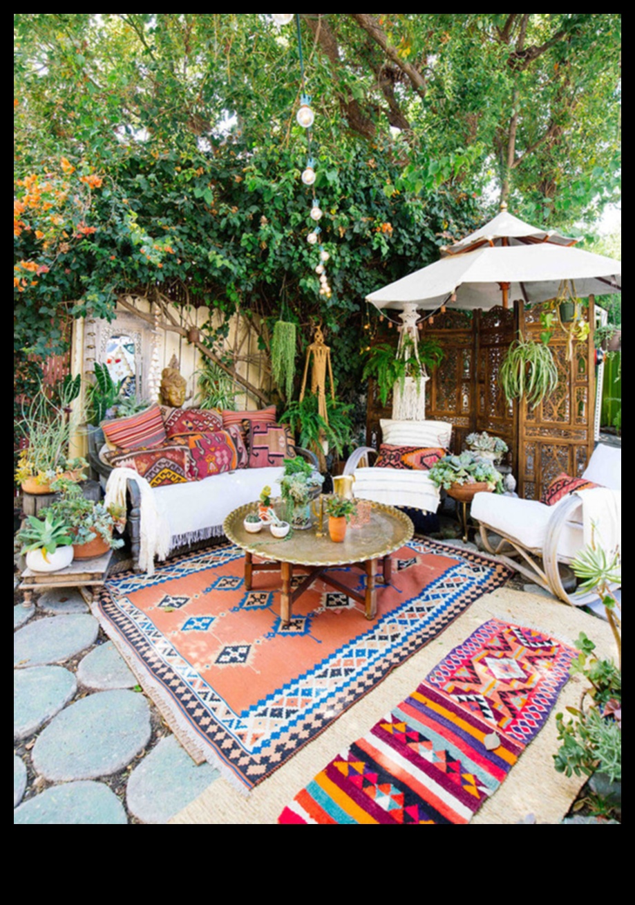 Există sfaturi pentru decorarea unei zone de lounge în aer liber cu idei de decor Boho Chic?